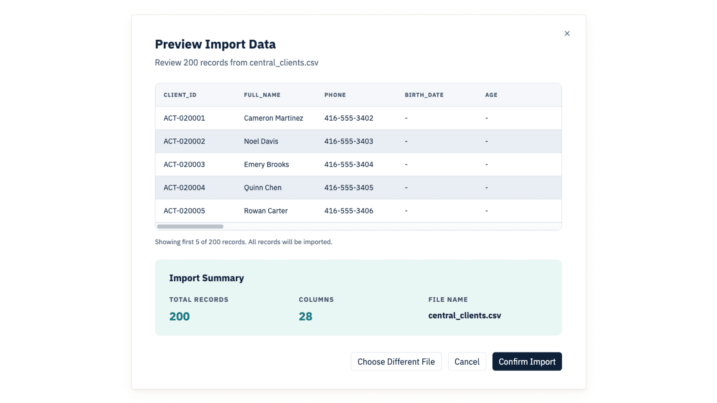 Preview Import Data modal showing the first five records from a central_clients.csv file before confirming import